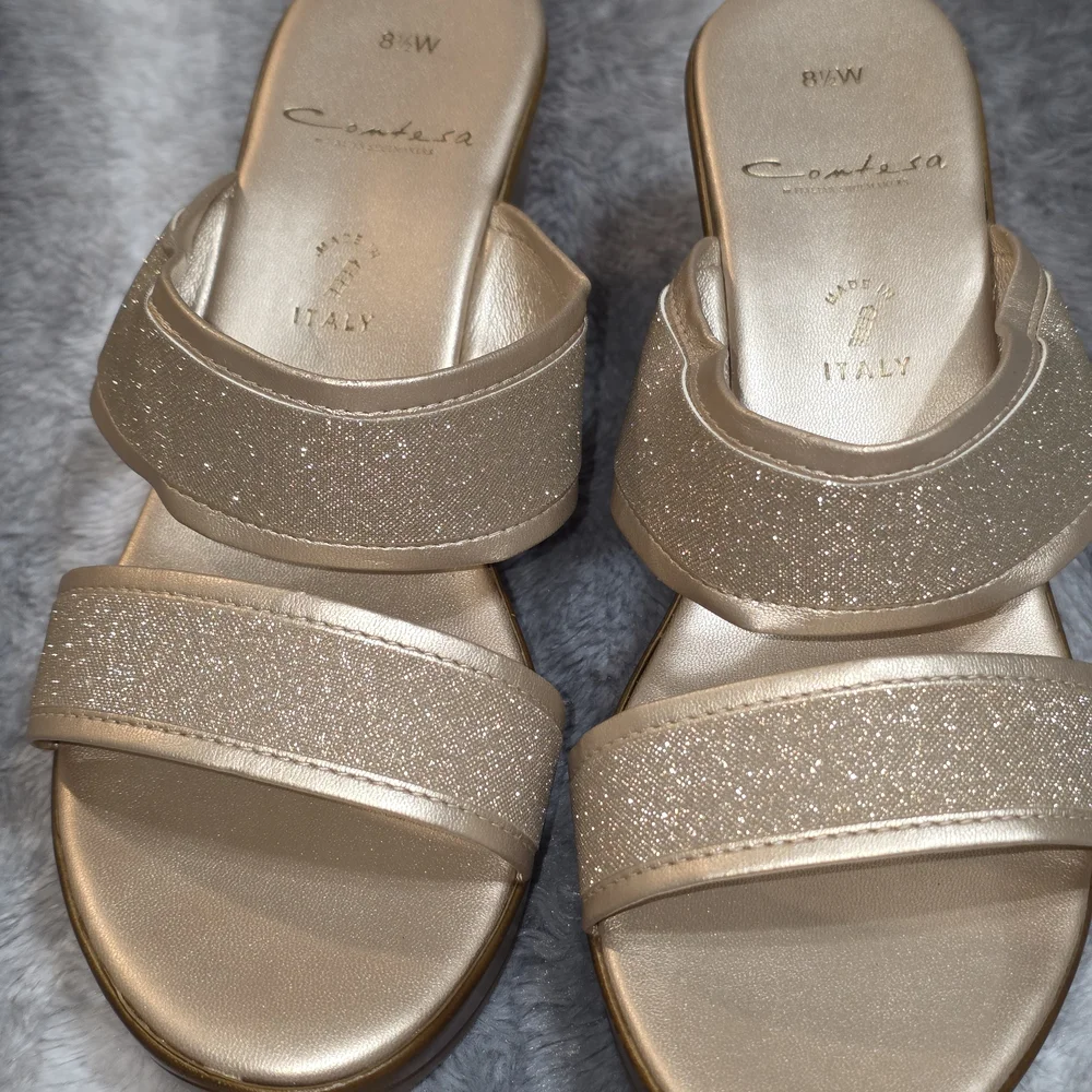 Contessa Metallic Gold Slide Sandals – Sparkle Double-Strap Women’s Slides